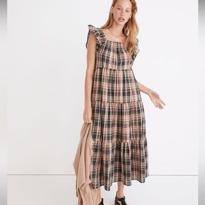 Madewell Flutter-Sleeve Tiered Midi Dress in Plaid - Small